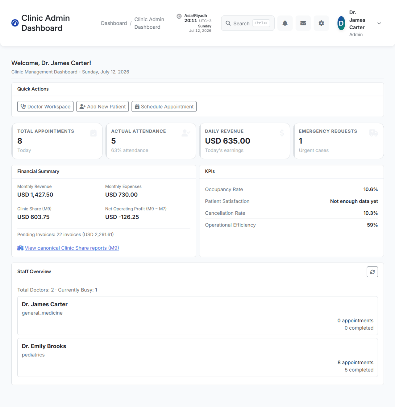 Noor clinic dashboard: today's appointments, revenue, and daily operations